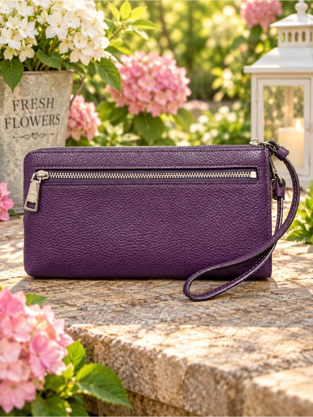Coach Purple Pebbled Leather Zip Wristlet Clutch - Picture 2 of 8